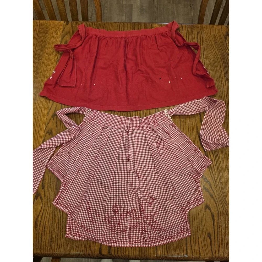 2 Vintage Half Aprons Homemade Red White Pocket Cottagecore Farmhouse Embroidery